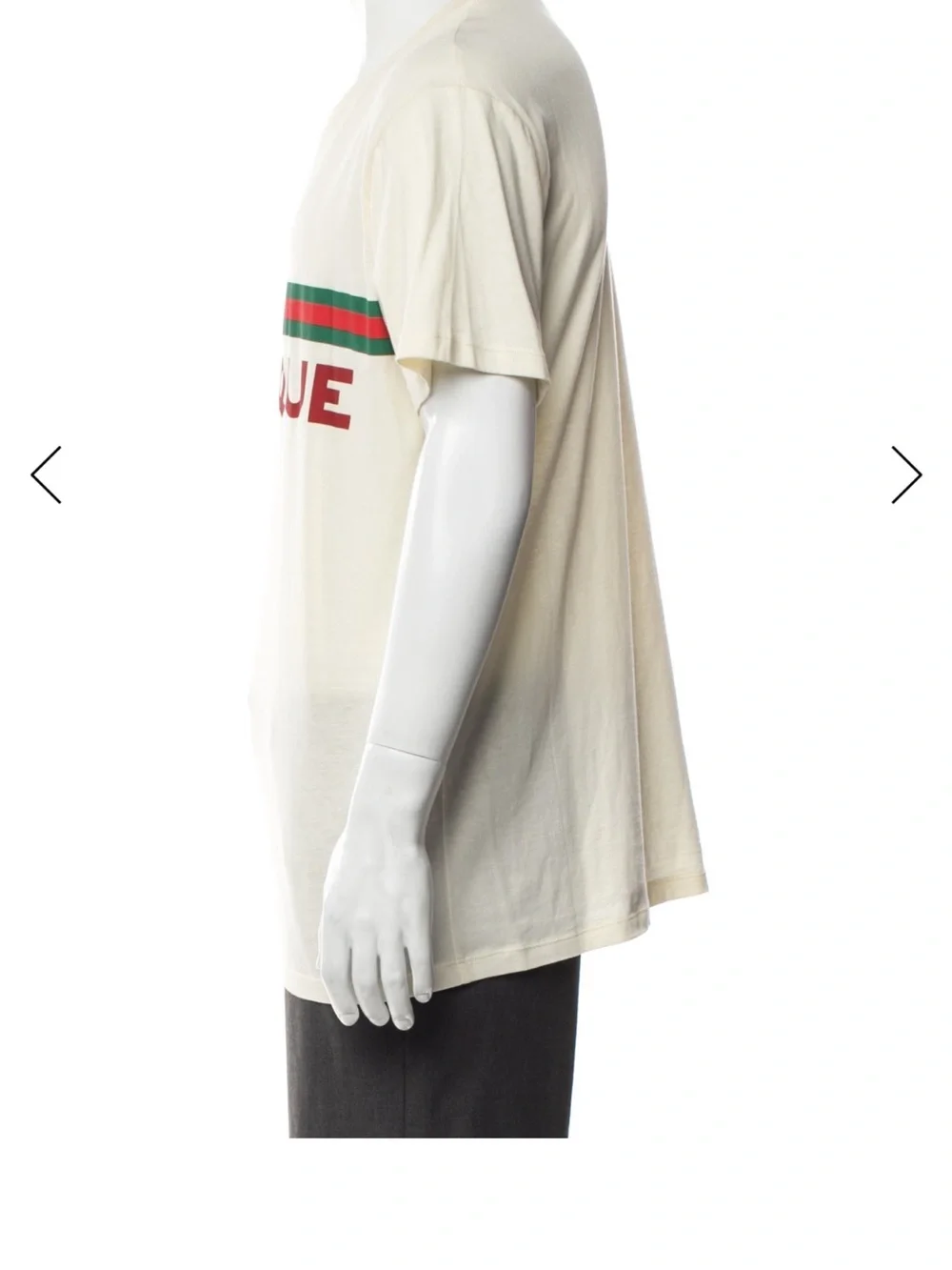 Gucci Cream Graphic 'Boutique' Logo T-Shirt with Green & Red Stripe